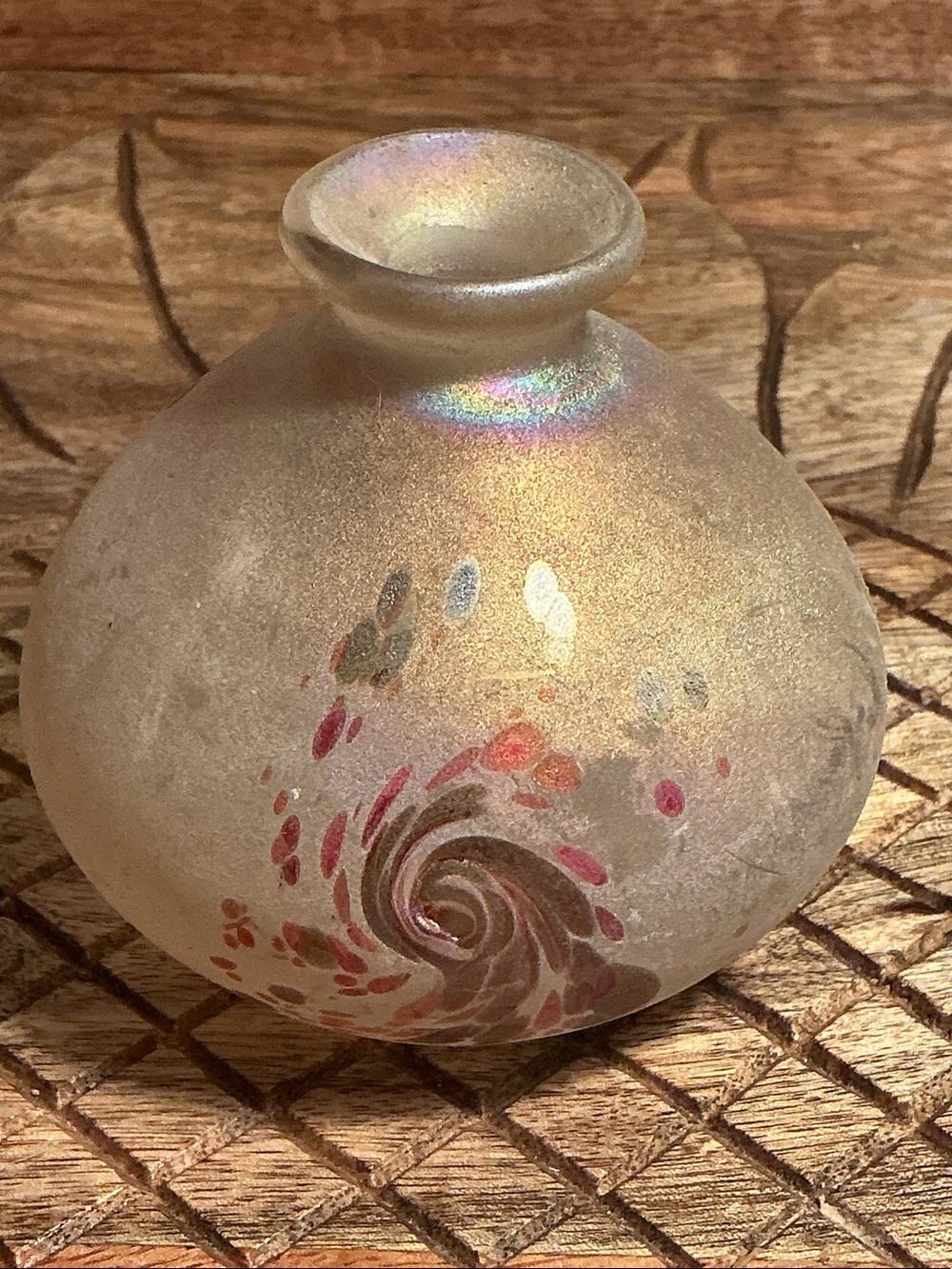 Iridescent Frosted Glass Vase with Pink and Gold Accents fair condition